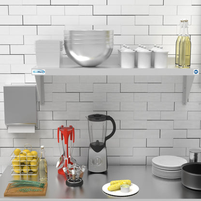 Stainless steel 12" x 36" heavy-duty wall shelf by Violet Blackhaw, ideal for food and beverage storage, mounted on a wall.
