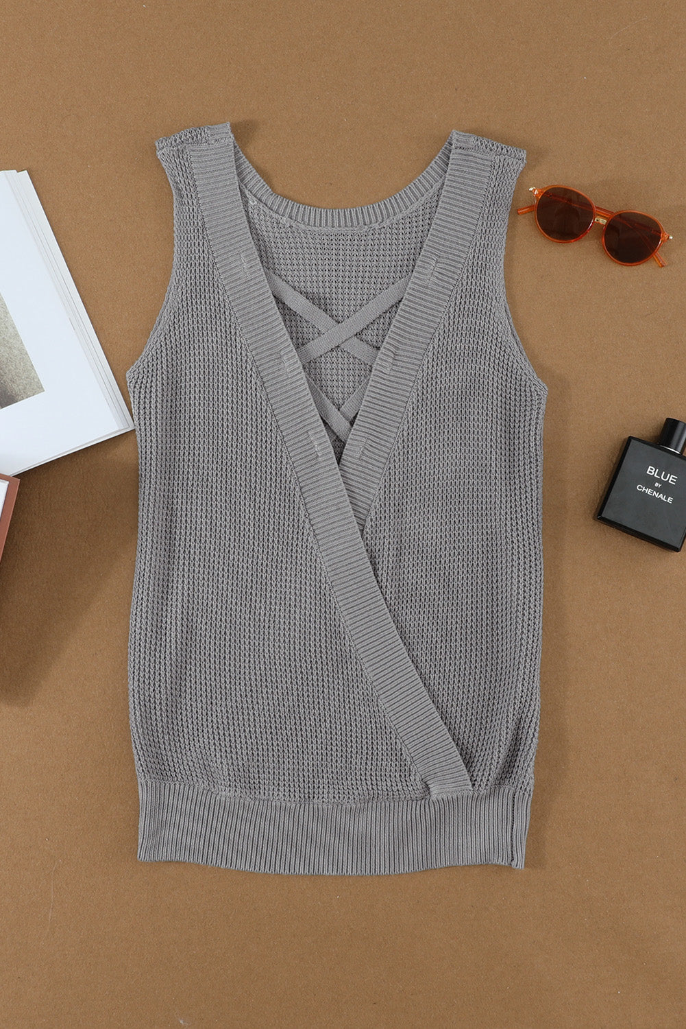 Gray crisscross hollow-out knit tank top for women from Lavender Pallas, featuring a stylish open-knit design and sleeveless fit.