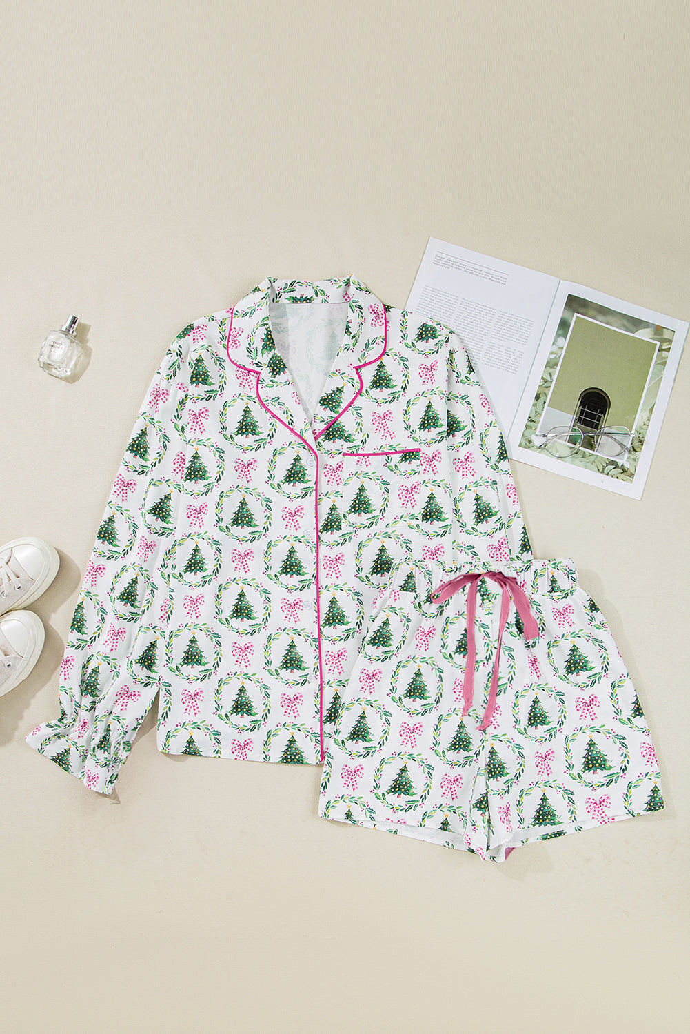 Byzantium Bay Christmas velvet trim top and shorts pajama set, festive matching sleepwear with red and green accents.