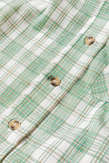 Green checkered print loose fit shacket with hood and button closures, from Carmine Juneberry in the Tops &amp; Blouses category.