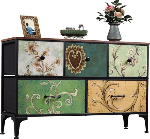 Peach Maple floral painted dresser with five drawers and fabric bins, showcasing colorful floral design and wooden handles.