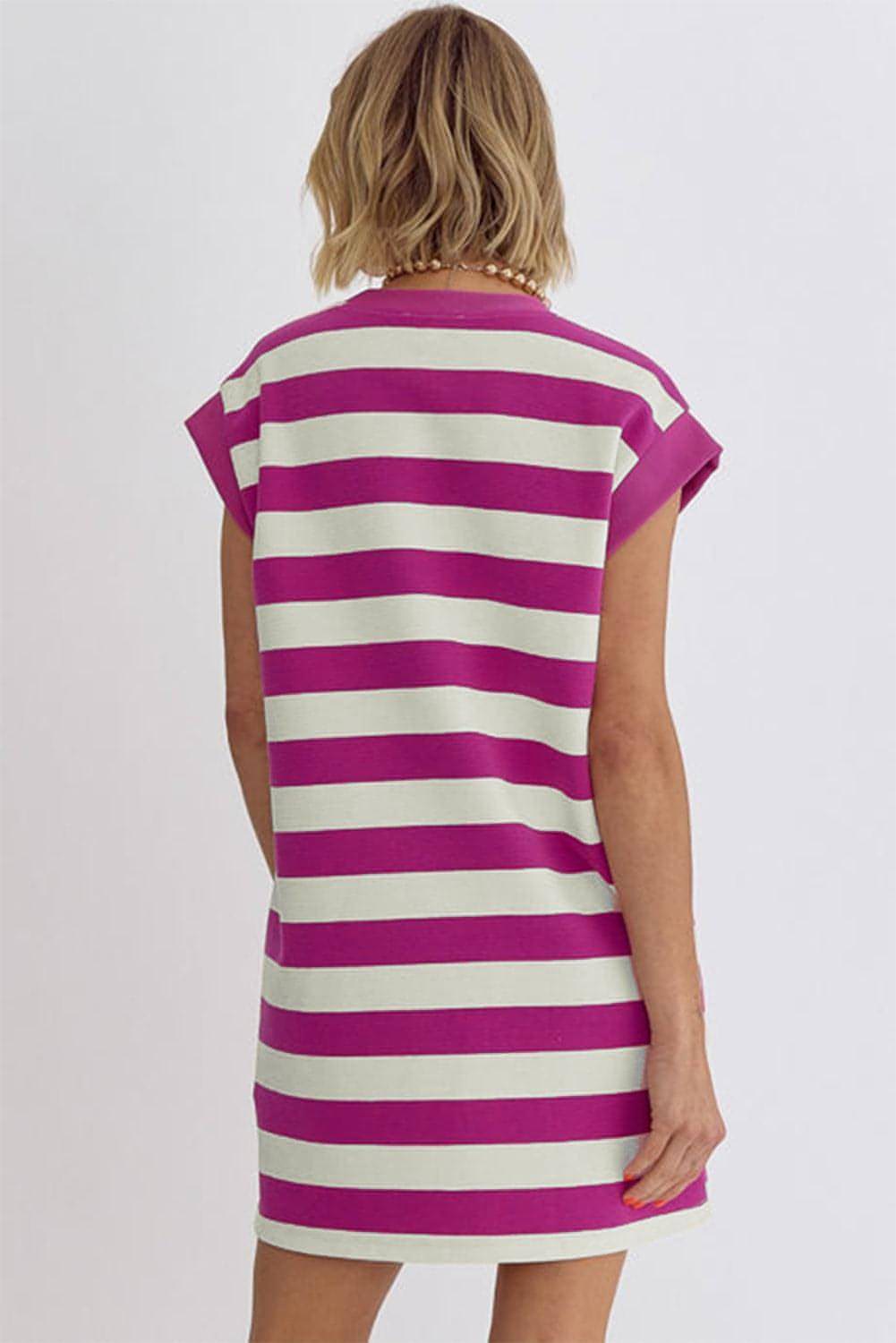 Rose stripe cap sleeve shift dress with pockets by Carmine Juneberry, casual T-shirt dress featuring a stylish design.