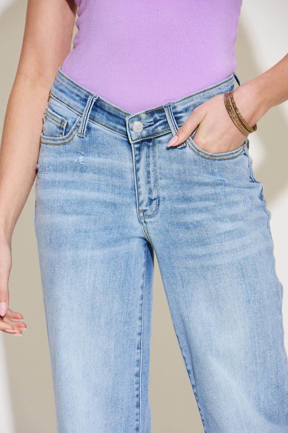Carmine Juneberry Judy Blue full-size straight jeans with V-front waistband and classic denim style, shown on a model.