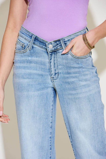 Carmine Juneberry Judy Blue full-size straight jeans with V-front waistband and classic denim style, shown on a model.