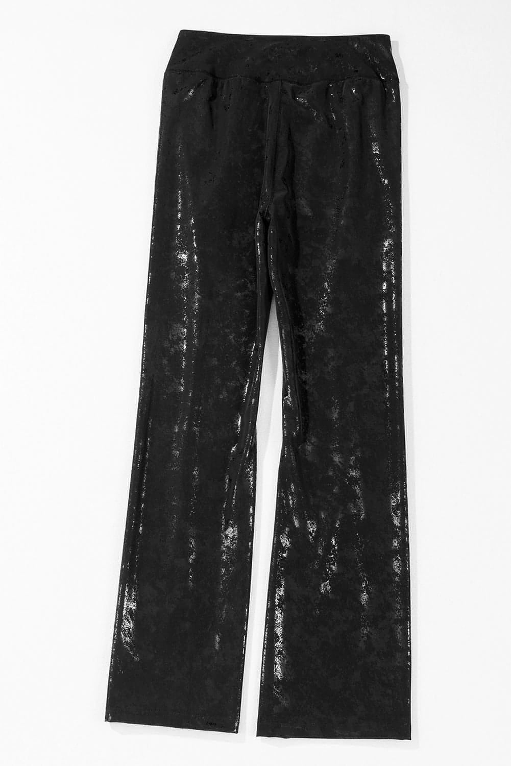 Black faux leather splits high waist leggings by Carmine Juneberry, featuring a sleek fit and stylish design.