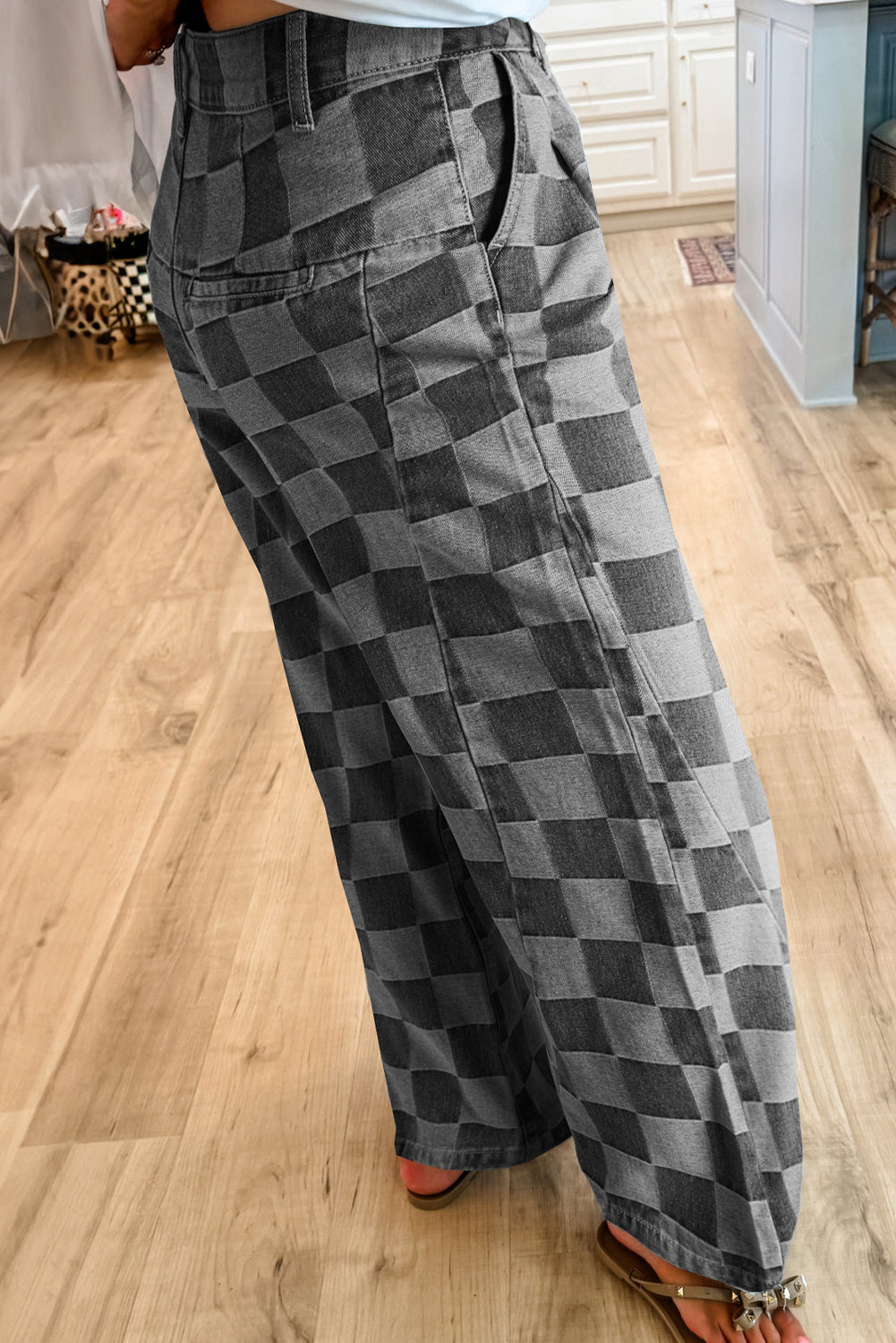 Dark grey checkered denim wide-leg jeans for women by Ruby Styx, featuring a relaxed fit and stylish pattern.