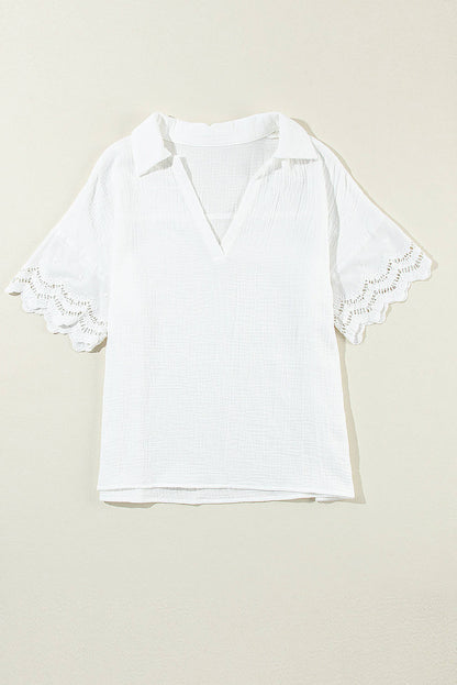 White crinkled lace splicing blouse with collar and V-neck from Carmine Juneberry, stylish tops and blouses for women.