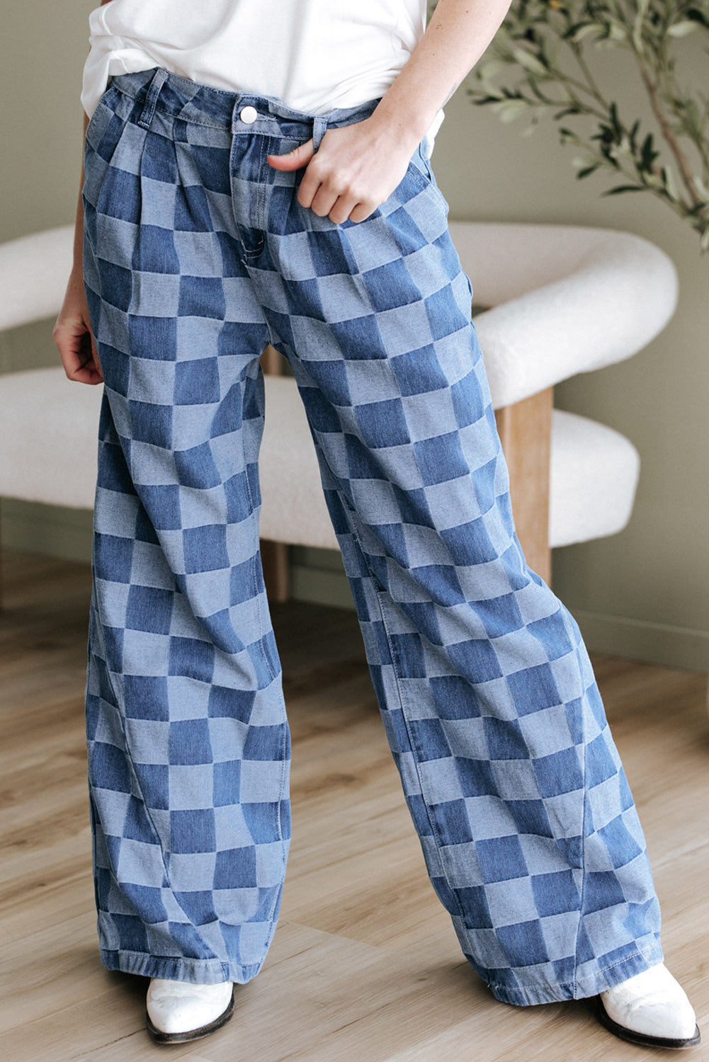Dusk blue checkered denim wide-leg jeans for women by Ruby Styx, featuring a relaxed fit and stylish checkered pattern.