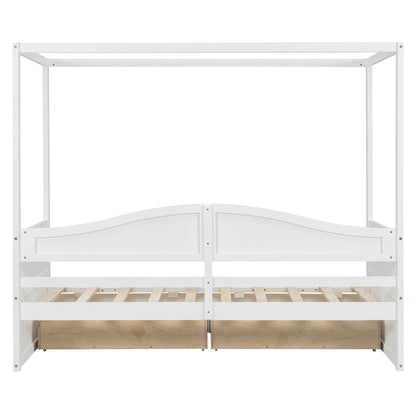 Sangria Beech twin size canopy day bed with two drawers, featuring a wooden bed frame and canopy for bedroom decor.