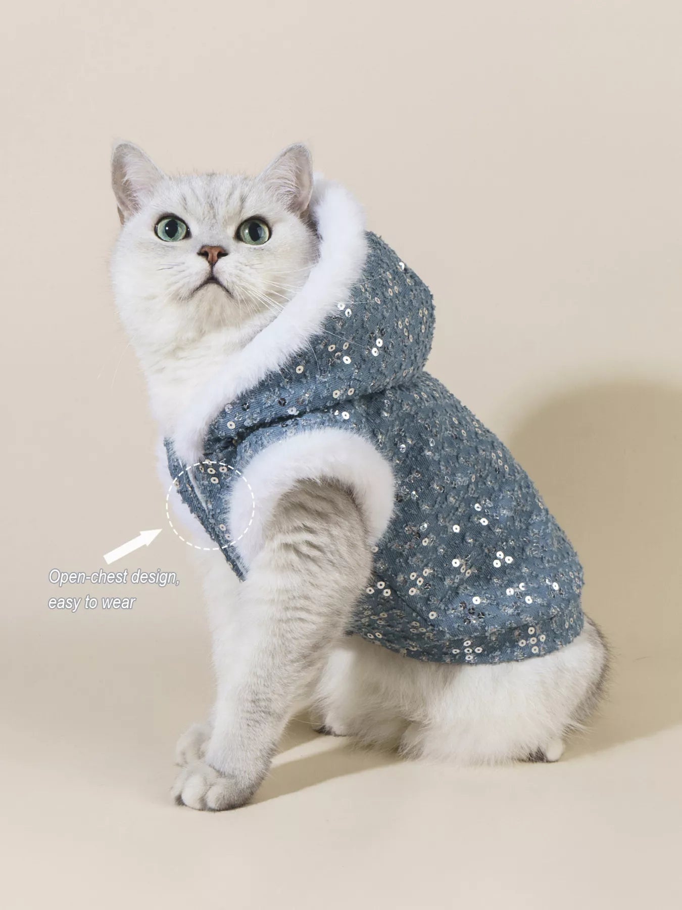 Sequin pet coat with fur trim by Pear Daisy, stylish and warm for small dogs, featuring shiny sequins and soft fur accents.
