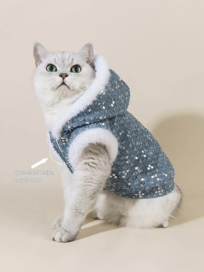 Sequin pet coat with fur trim by Pear Daisy, stylish and warm for small dogs, featuring shiny sequins and soft fur accents.