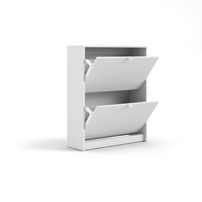 Bright white 2-drawer shoe cabinet by Start2Finish with sleek design and ample storage for organized footwear.