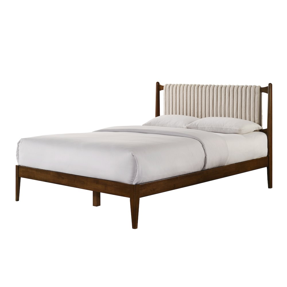 Ella Wooden Queen size Platform Bed by Start2Finish with walnut finish and beige fabric headboard, shown in a bedroom setting.
