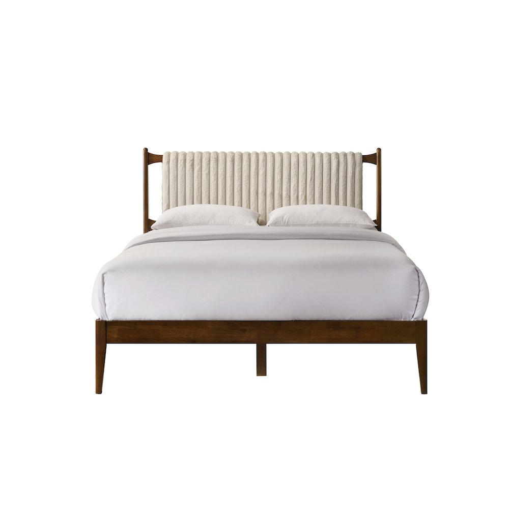 Ella wooden queen size platform bed in walnut with beige headboard, featuring a sleek, modern design from Start2Finish.