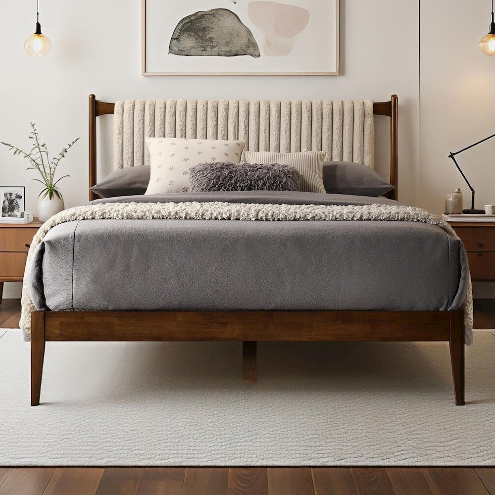 Ella wooden queen size platform bed by Start2Finish in walnut with beige upholstery, showcasing the modern, sleek design.