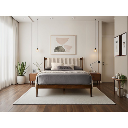 Ella Wooden Queen size platform bed by Start2Finish with walnut finish and beige upholstered headboard, showcasing a modern bedroom setup.