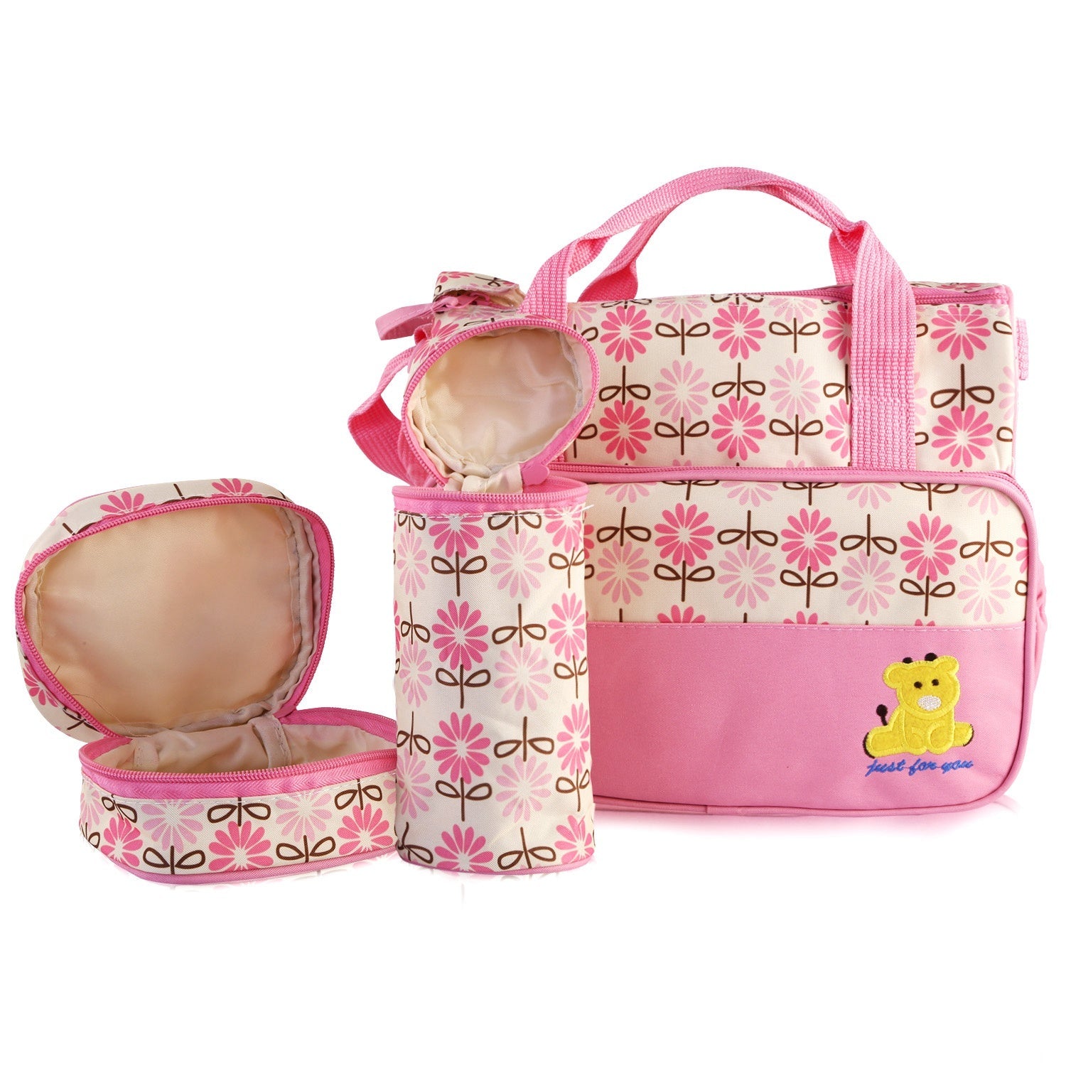 Set of five Pear Daisy baby nappy diaper bags with shoulder straps, ideal for moms to carry baby essentials.