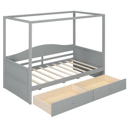 Sangria Beech twin size canopy day bed with frame, canopy structure, and two storage drawers for bedroom furniture.