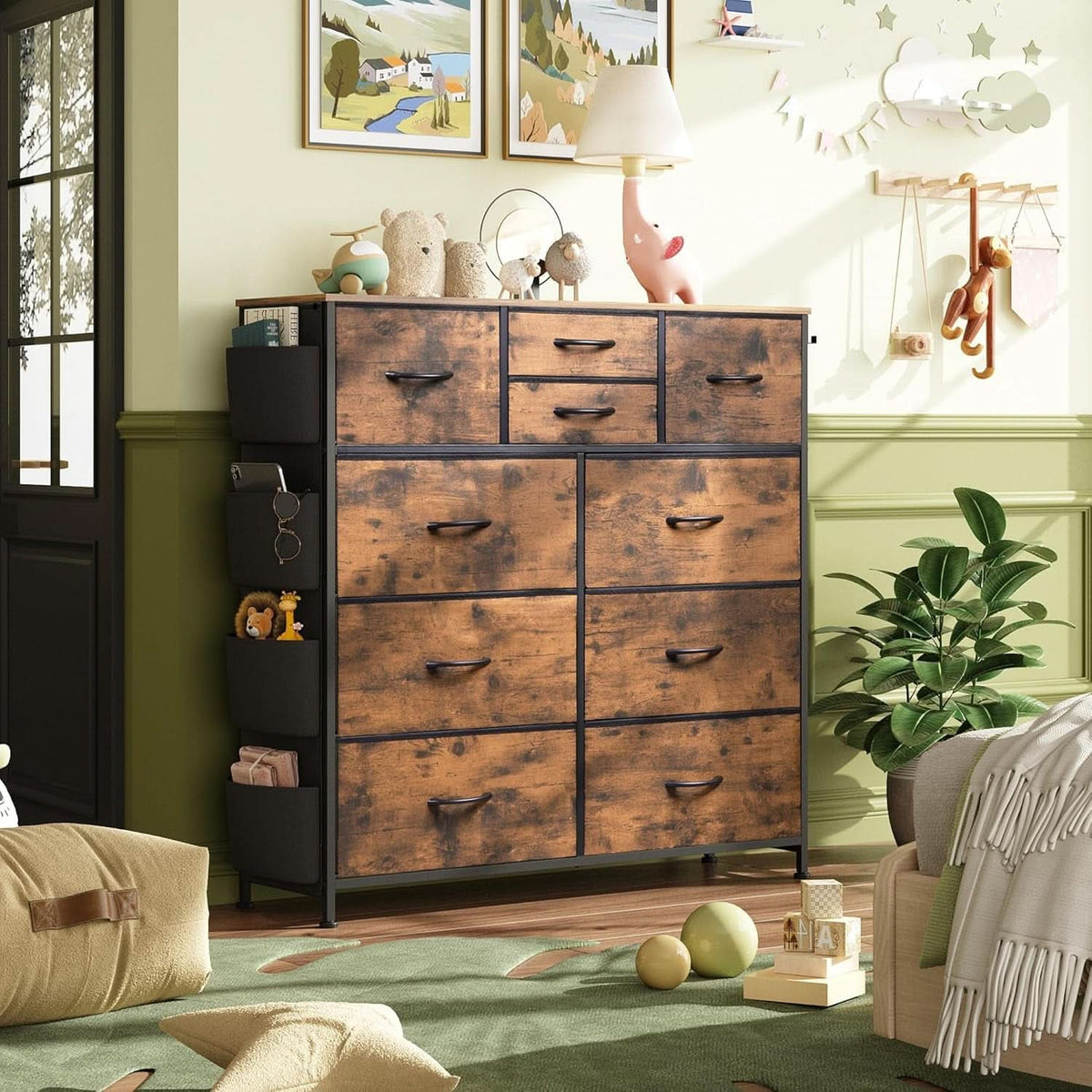 Dresser With 10 Drawers In Rustic Brown Wood Grain Finish