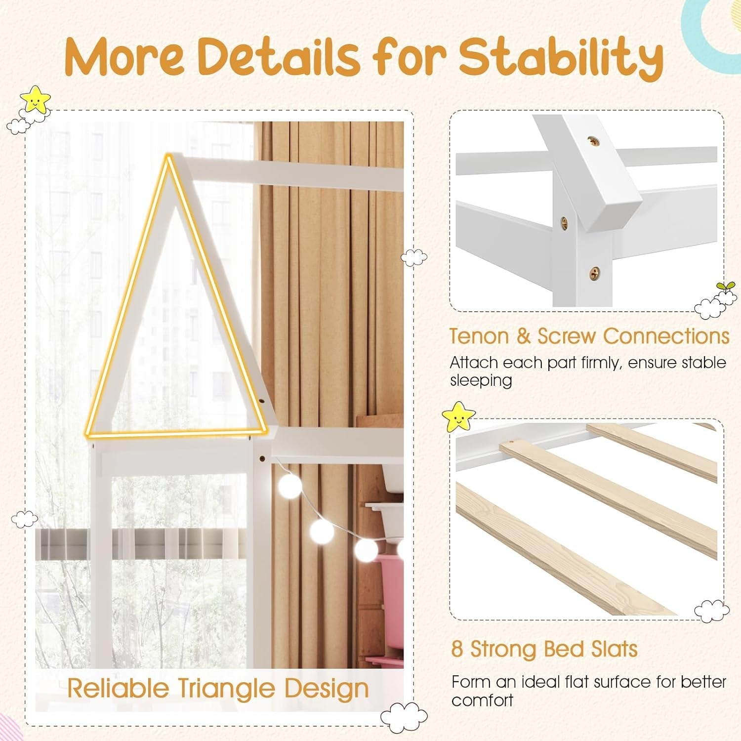 Peach Maple twin house bed frame with roof canopy, Montessori-style furniture for kids, featuring a cozy, playful design.