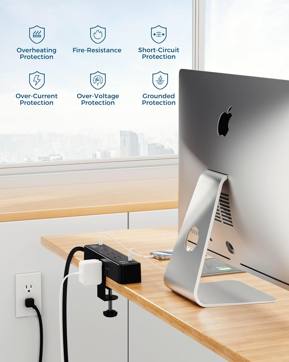 Peach Maple desk clamp power strip with 17-in-1 hub and 40W fast charge mounted on a desk.