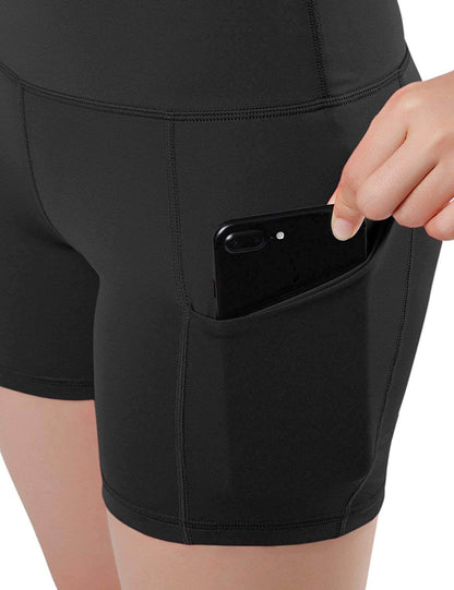 Black Lavender Jolie high-waisted athletic shorts with hip pockets, stretchy activewear designed for comfort and movement.