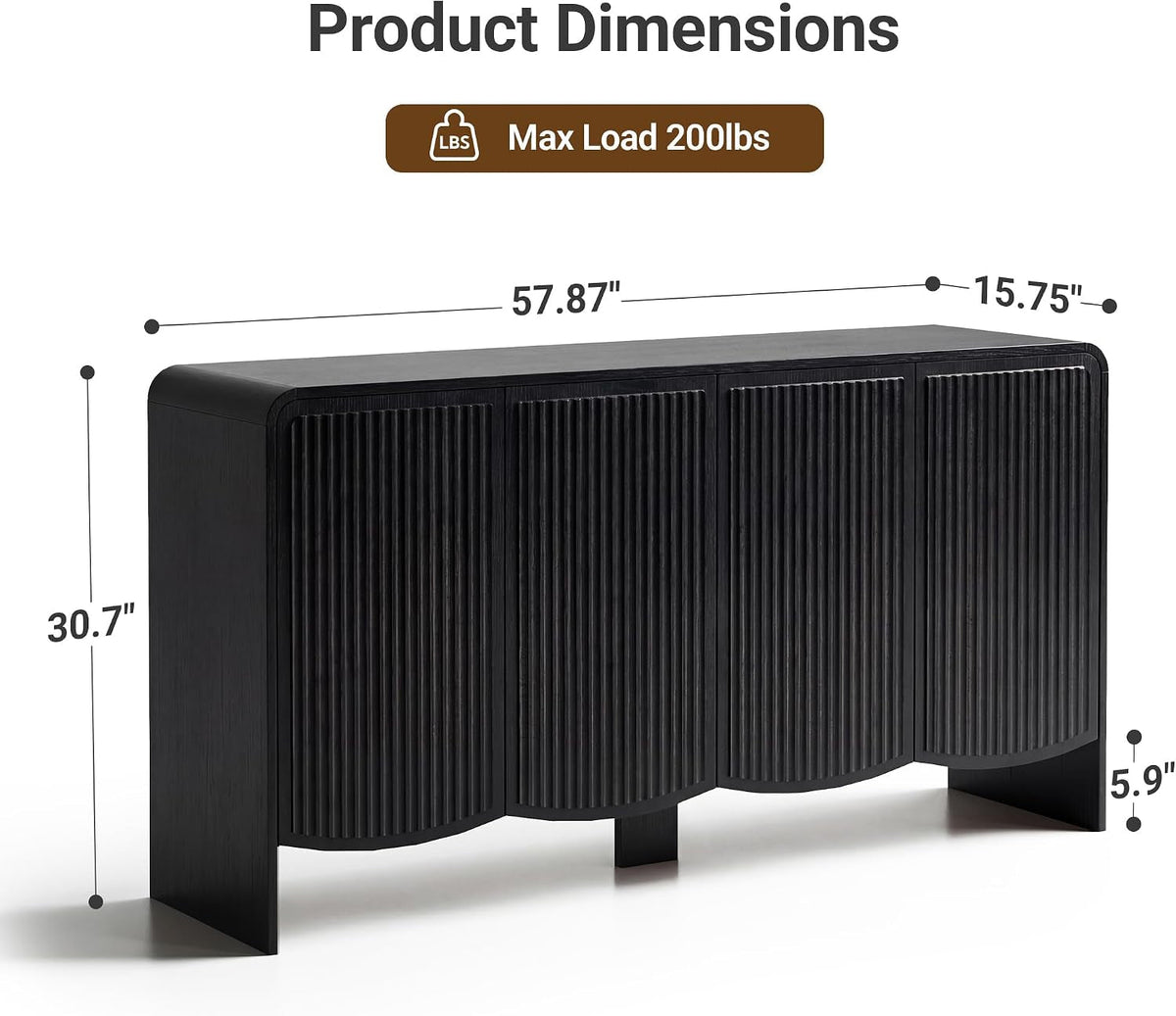58-Inch Black Fluted Sideboard With Adjustable Shelves
