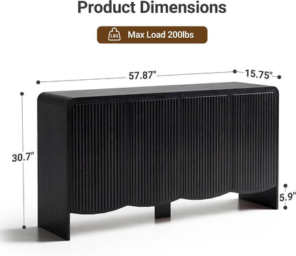 58-Inch Black Fluted Sideboard With Adjustable Shelves