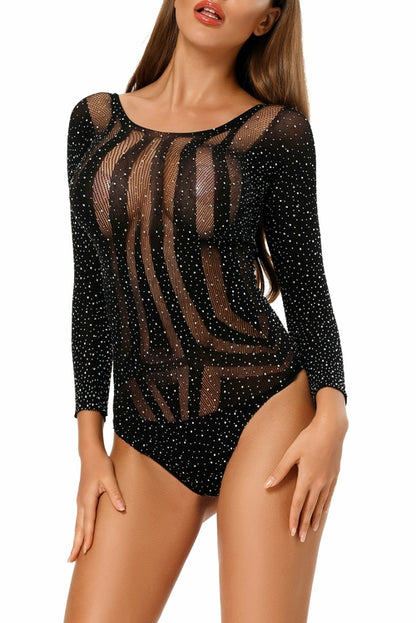 Jade rhinestone long sleeve hollow-out bodysuit for women, featuring shimmering embellishments and a fitted silhouette.