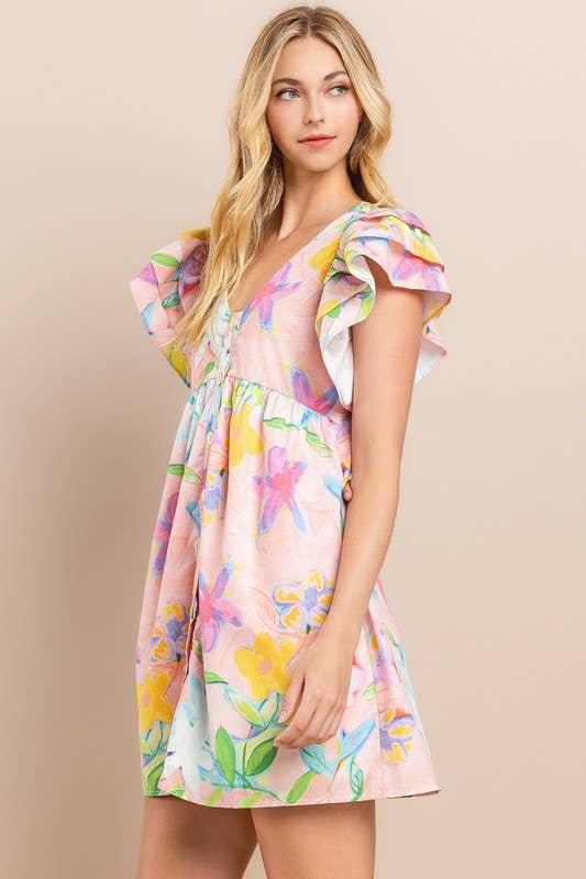 Floral printed dress in blush by Byzantium Smudge, size L, featuring a V neckline and button-down mini design.