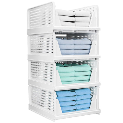 Four stackable Pear Daisy plastic storage boxes with slide rails for organizing living room items in home and garden.