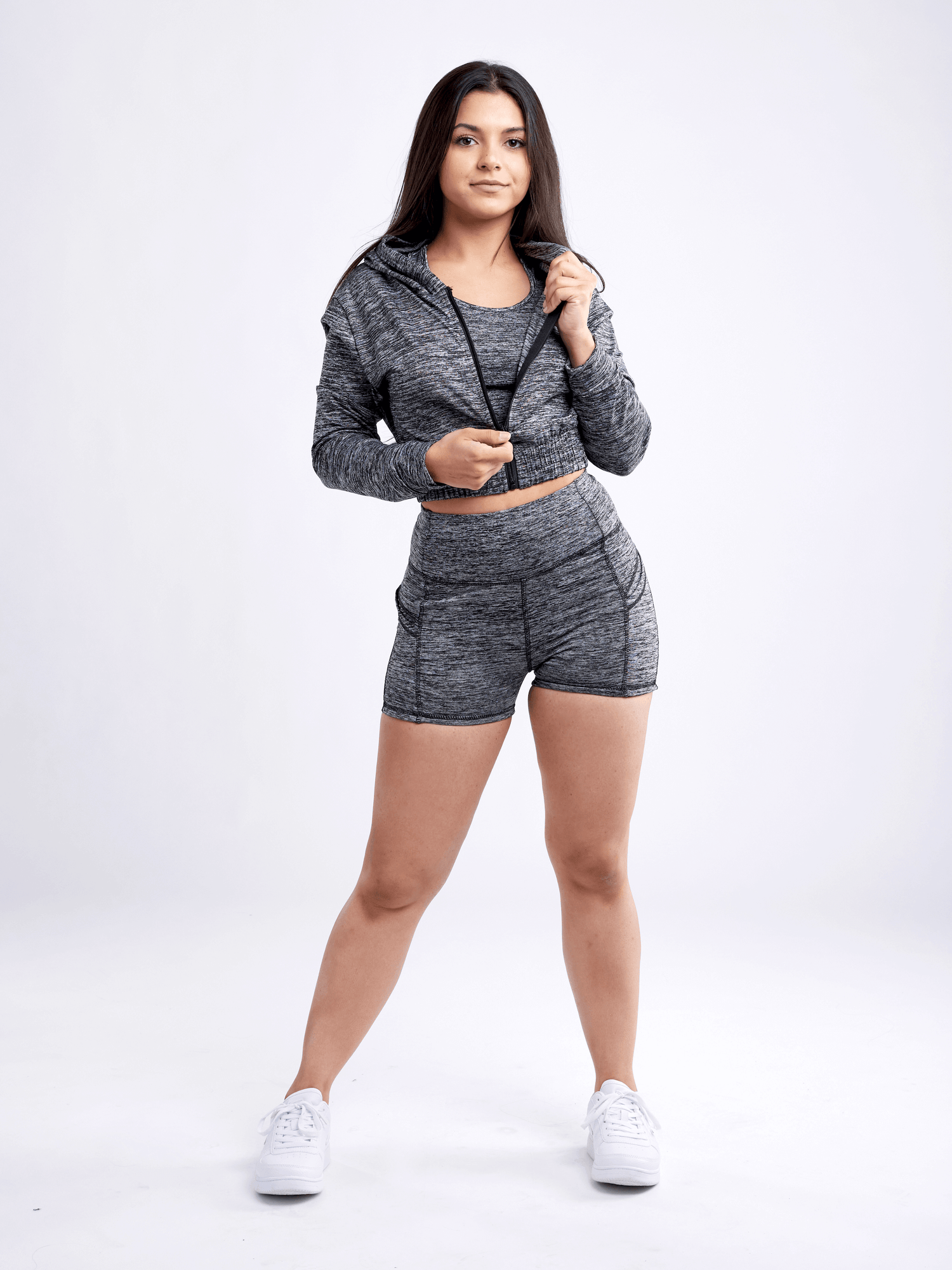 Black Lavender JupiterGear athletic zip-up crop hoodie jacket, activewear with a fitted design, shown in a stylish black fabric.