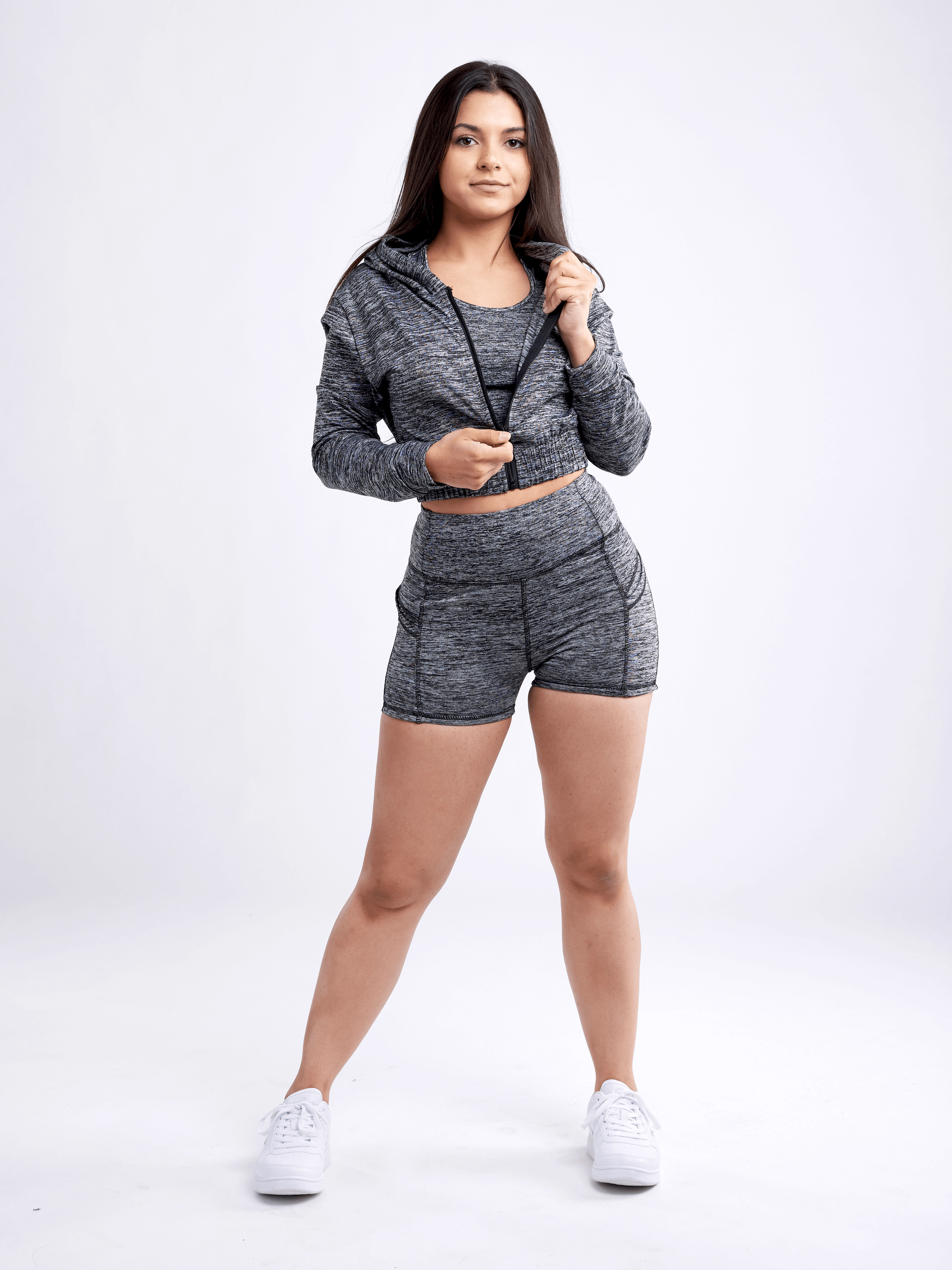 Black Lavender JupiterGear athletic zip-up crop hoodie jacket, activewear with a fitted design, shown in a stylish black fabric.
