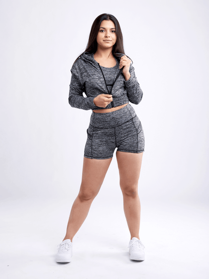 Black Lavender JupiterGear athletic zip-up crop hoodie jacket, activewear with a fitted design, shown in a stylish black fabric.