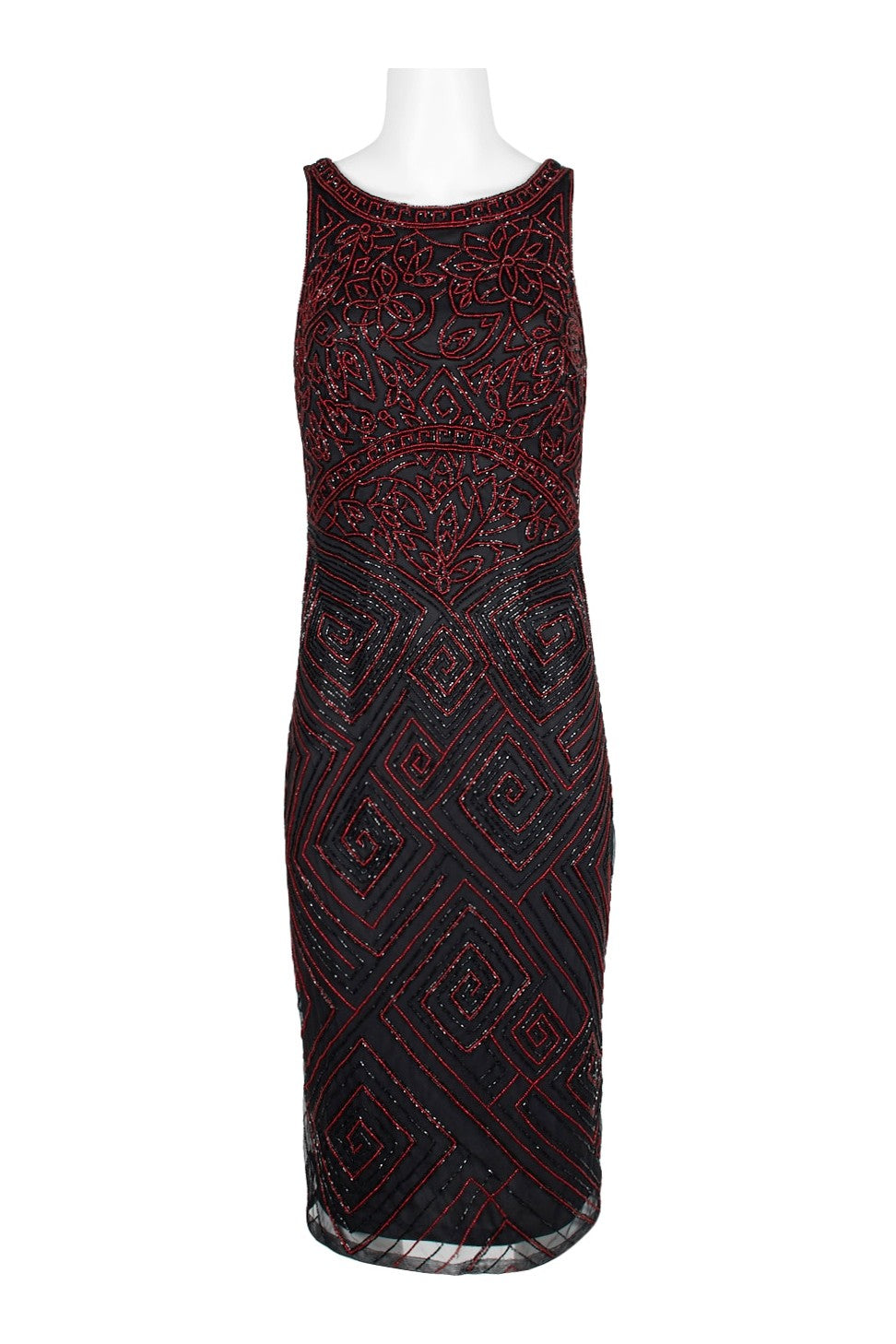 Crimson Bamboo Theia sleeveless mesh dress with boat neck, beaded details, and zipper back for women&