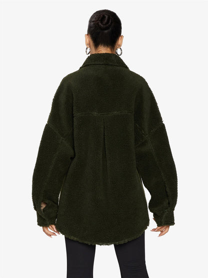 Rose Eleusis oversized patch pocket borg teddy shacket with a cozy, plush fleece exterior and large patch pockets for a casual, stylish look.