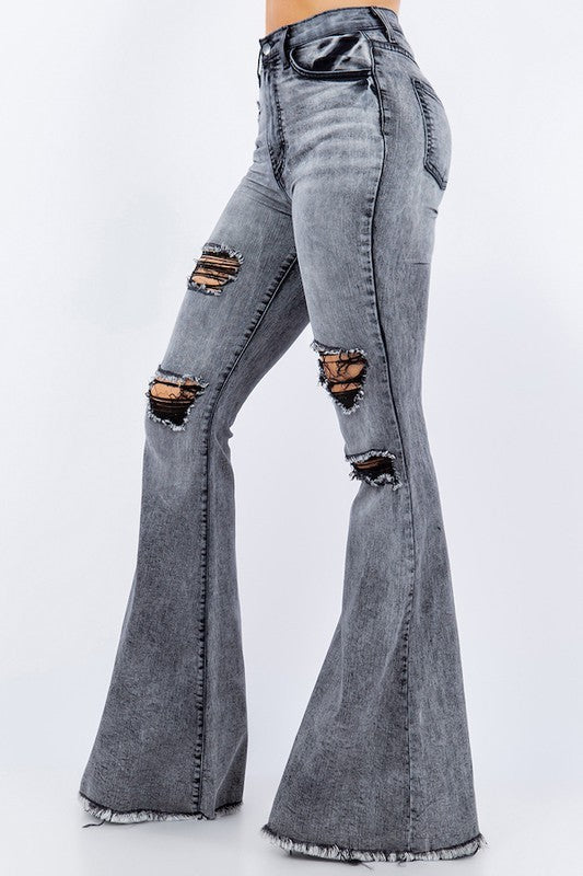 Gray Storm Bell Bottom Jeans by Jade Icarus featuring high-waisted fit and flared leg design.