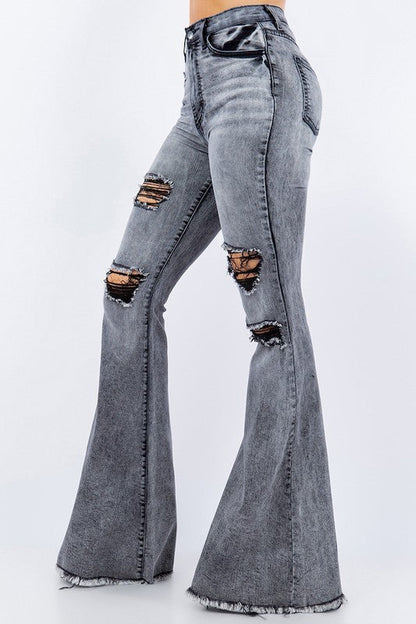 Gray Storm Bell Bottom Jeans by Jade Icarus featuring high-waisted fit and flared leg design.