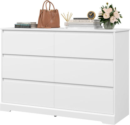 White Peach Maple six-drawer bedroom dresser with sleek handles, ideal for stylish storage and organization in modern bedrooms.