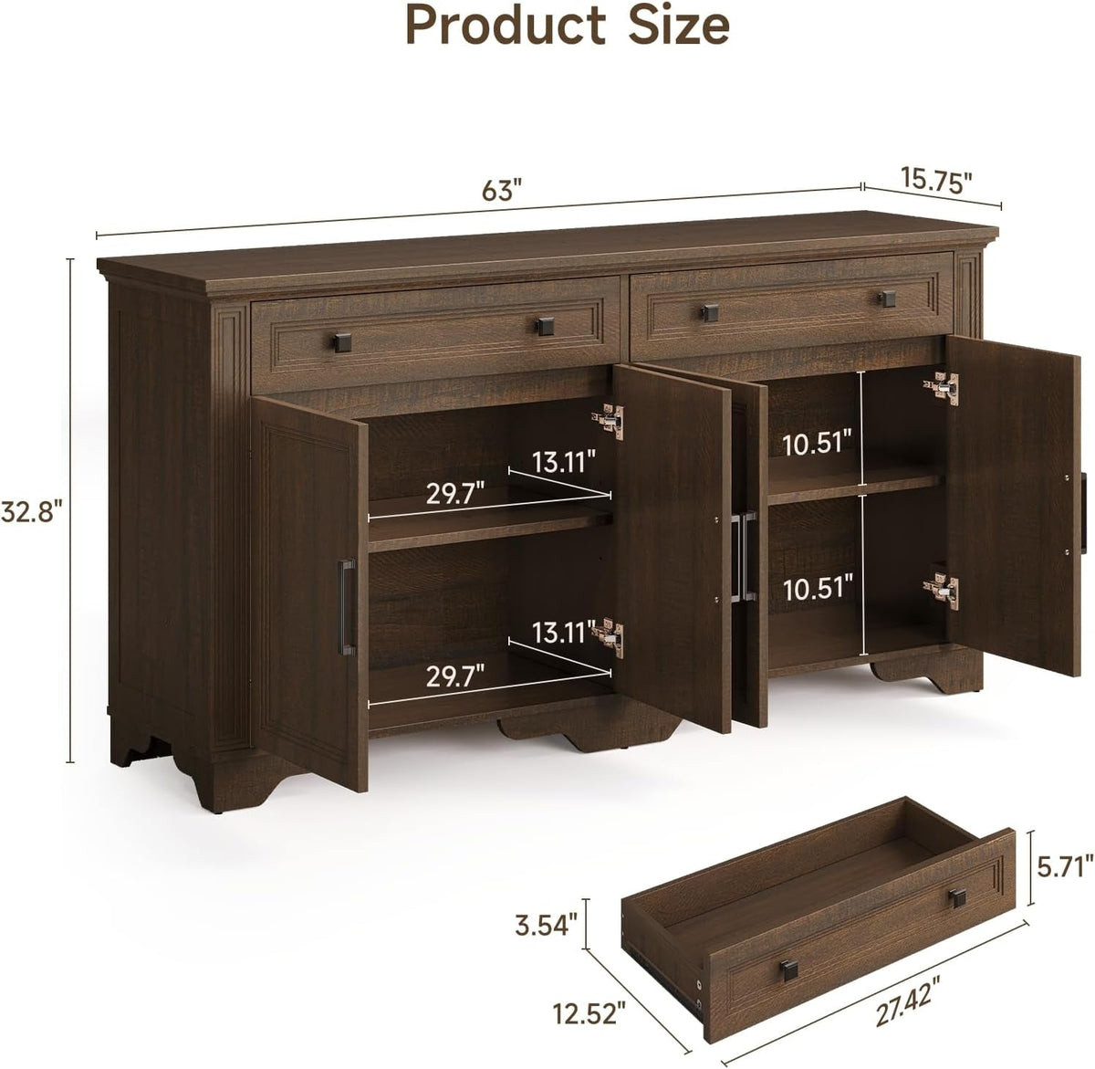 63 Inch Brown Country Style Sideboard Storage Credenza