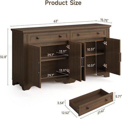 63 Inch Brown Country Style Sideboard Storage Credenza