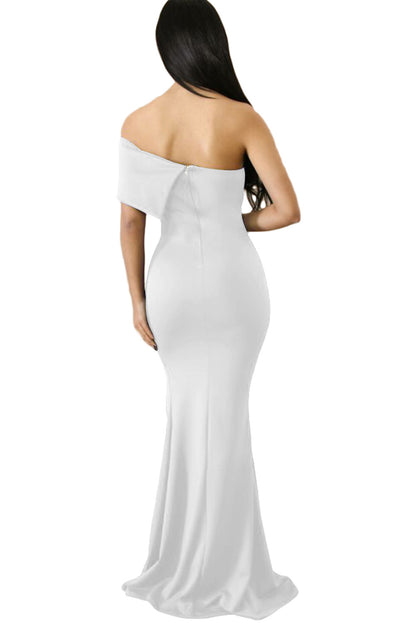 White off-the-shoulder one-sleeve maxi dress by Lavender Pallas featuring a slit, perfect for parties and prom events.