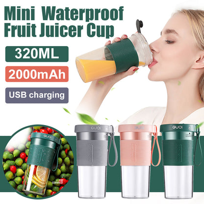 Mini USB rechargeable portable electric fruit juicer by Maroon Asteria, compact kitchen device for fresh juice on the go.