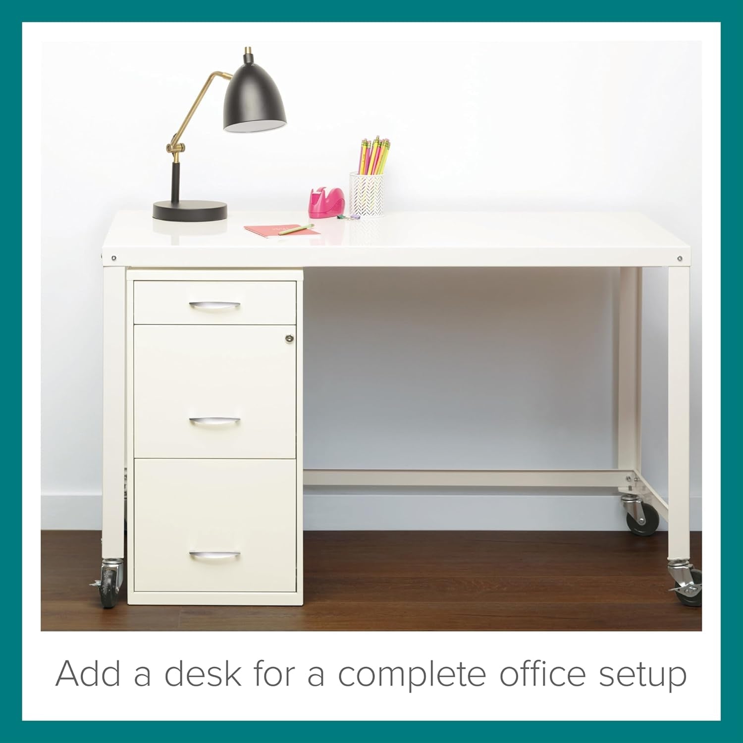 Peach Maple Hirsh 18-inch deep metal file cabinet with three drawers in pearl white, suitable for office or home storage.