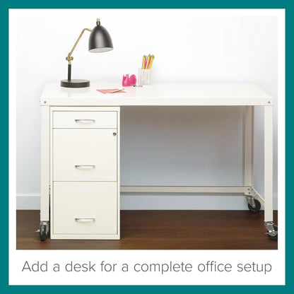 Peach Maple Hirsh 18-inch deep metal file cabinet with three drawers in pearl white, suitable for office or home storage.