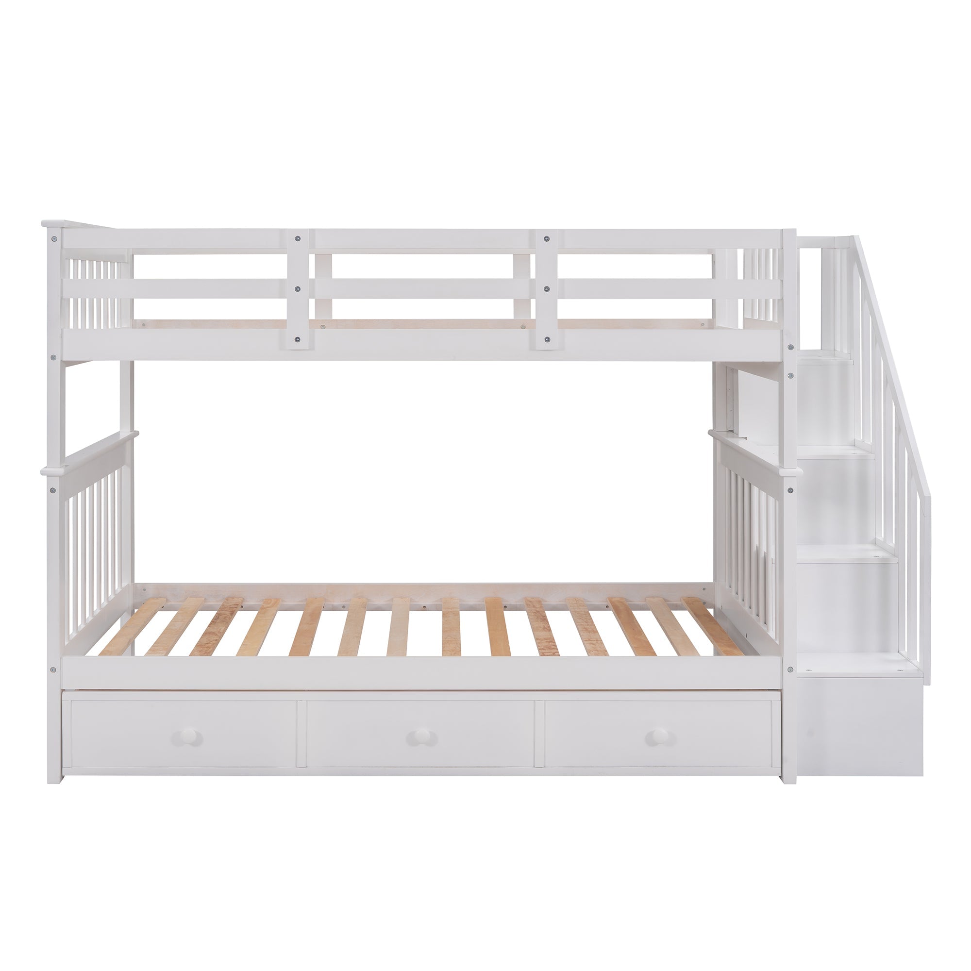 Sangria Beech twin-over-twin bunk bed with three built-in drawers, ideal for bedroom or dorm room furniture setup.