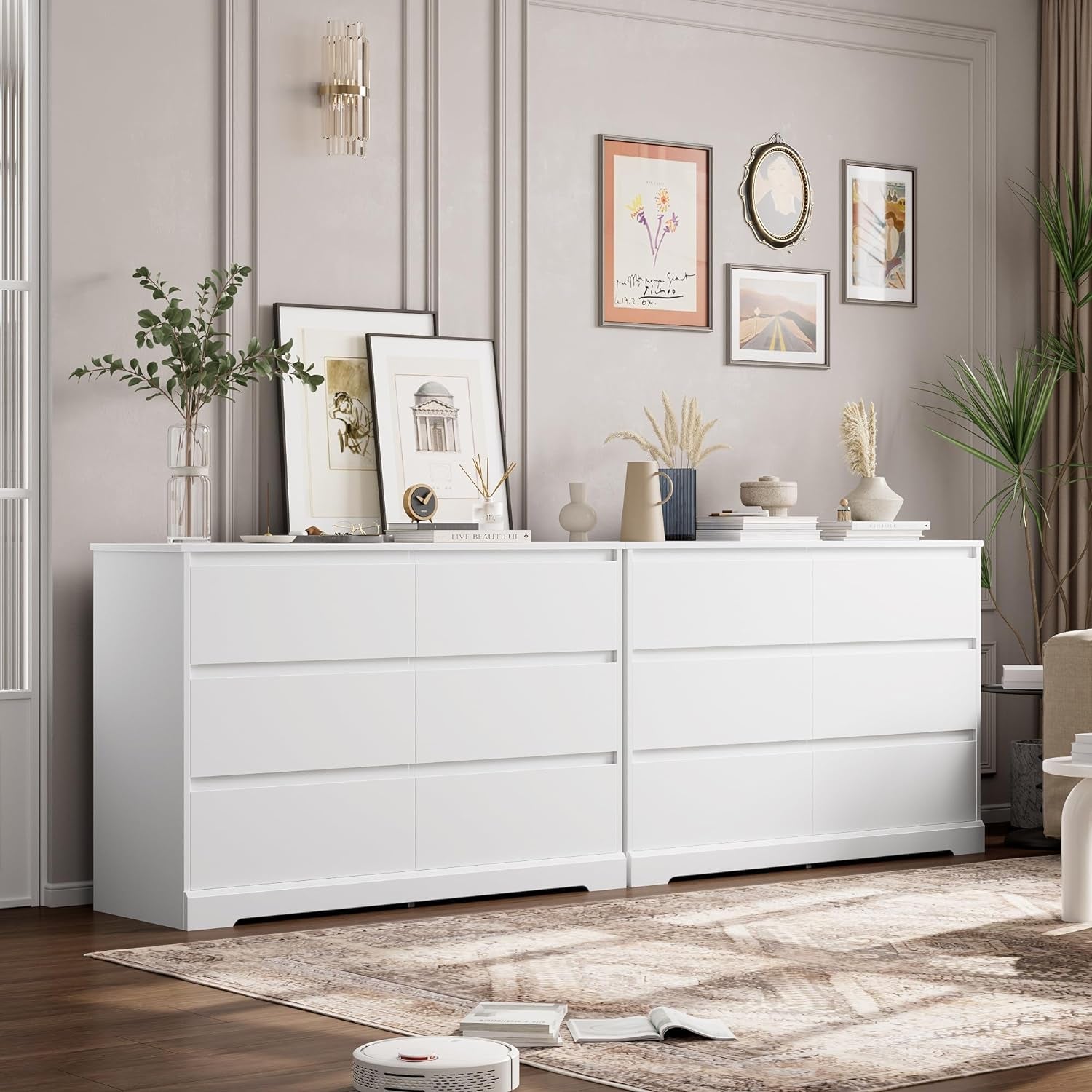 White Peach Maple six-drawer bedroom dresser with sleek design and ample storage, ideal for organized bedroom furniture.