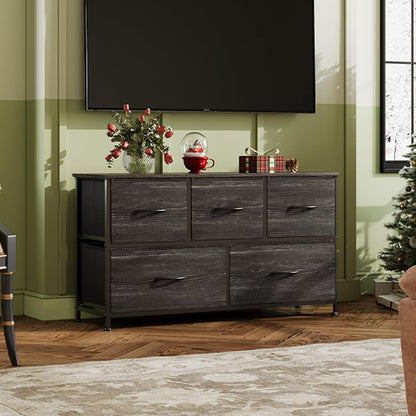 Charcoal black Peach Maple wood grain dresser with five drawers and fabric storage bins, modern furniture for bedroom organization