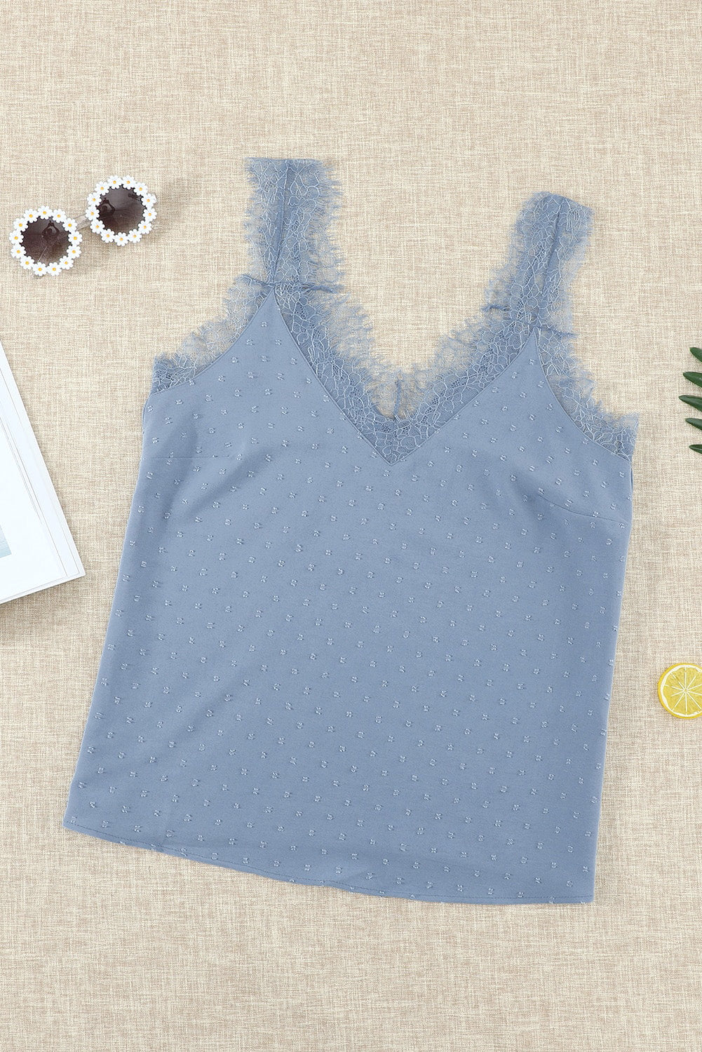 Sky blue eyelash V-neck cami tank top for women by Lavender Pallas, featuring delicate eyelash lace trim and a V neckline.