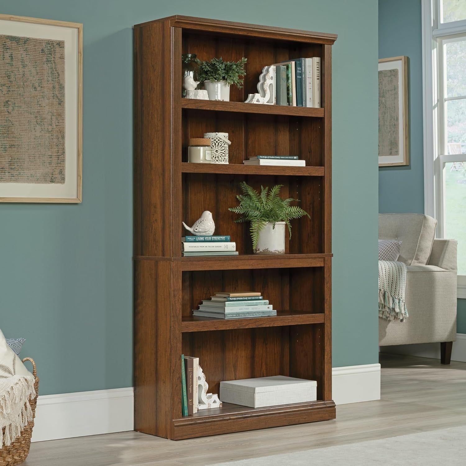 Peach Maple Washington Cherry 5 Shelf Bookcase with adjustable shelves, showcasing wood finish and sturdy construction.